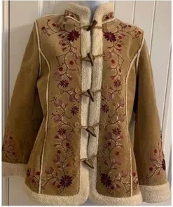 Friends Lisa Kudrow Suede Leather Shearling Embroidered Jacket